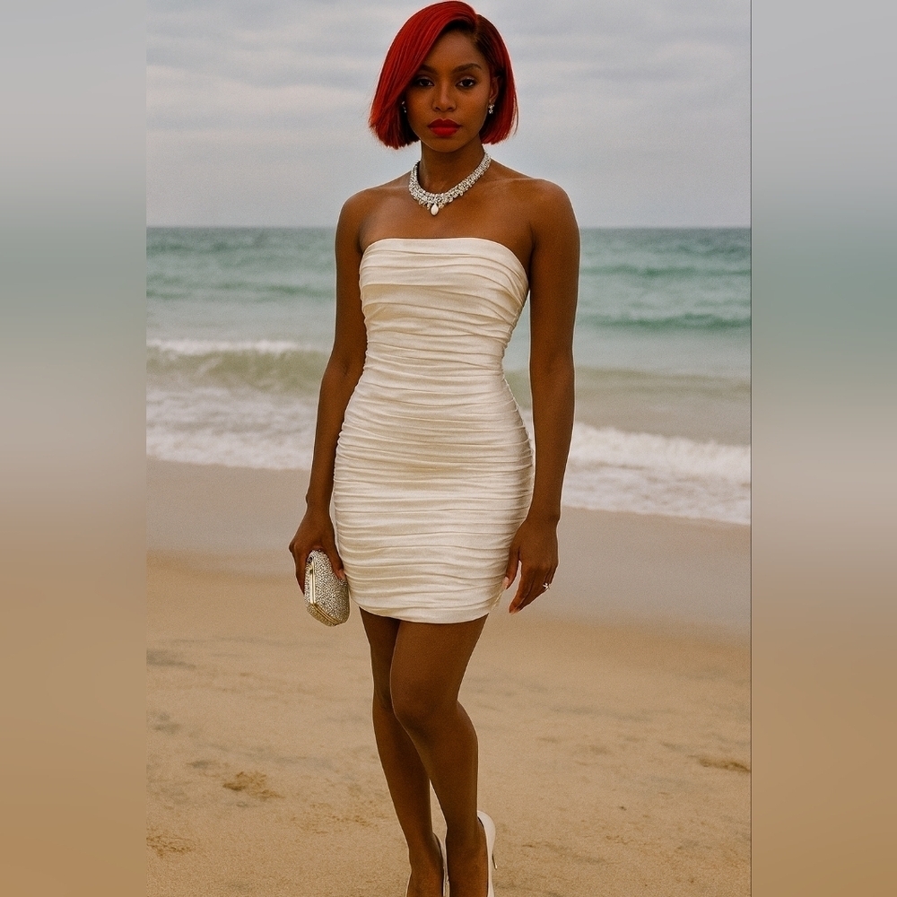 Elegant White Gathered Strapless Mini Satin Dress. Size 6. Beach Wedding